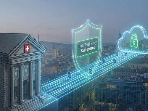 Secure Swiss banking cloud migration with data residency shield illustration