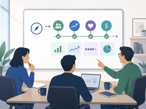 Team reviewing product roadmap outcomes instead of feature count
